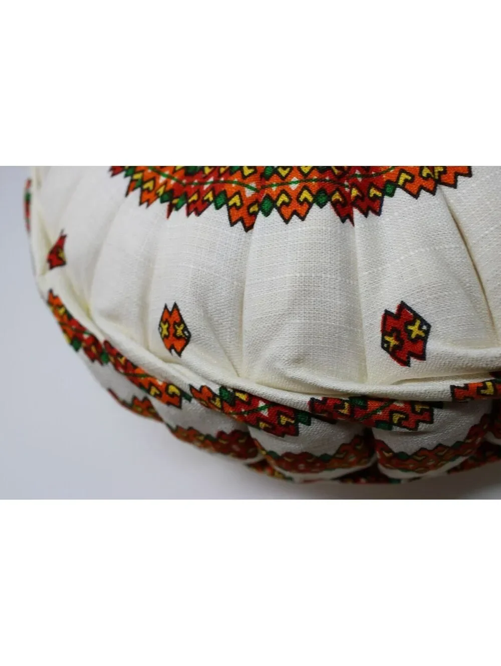 Vintage Round Pleated Throw Pillow Folk Art Embroidery Design Boho Cottagecore